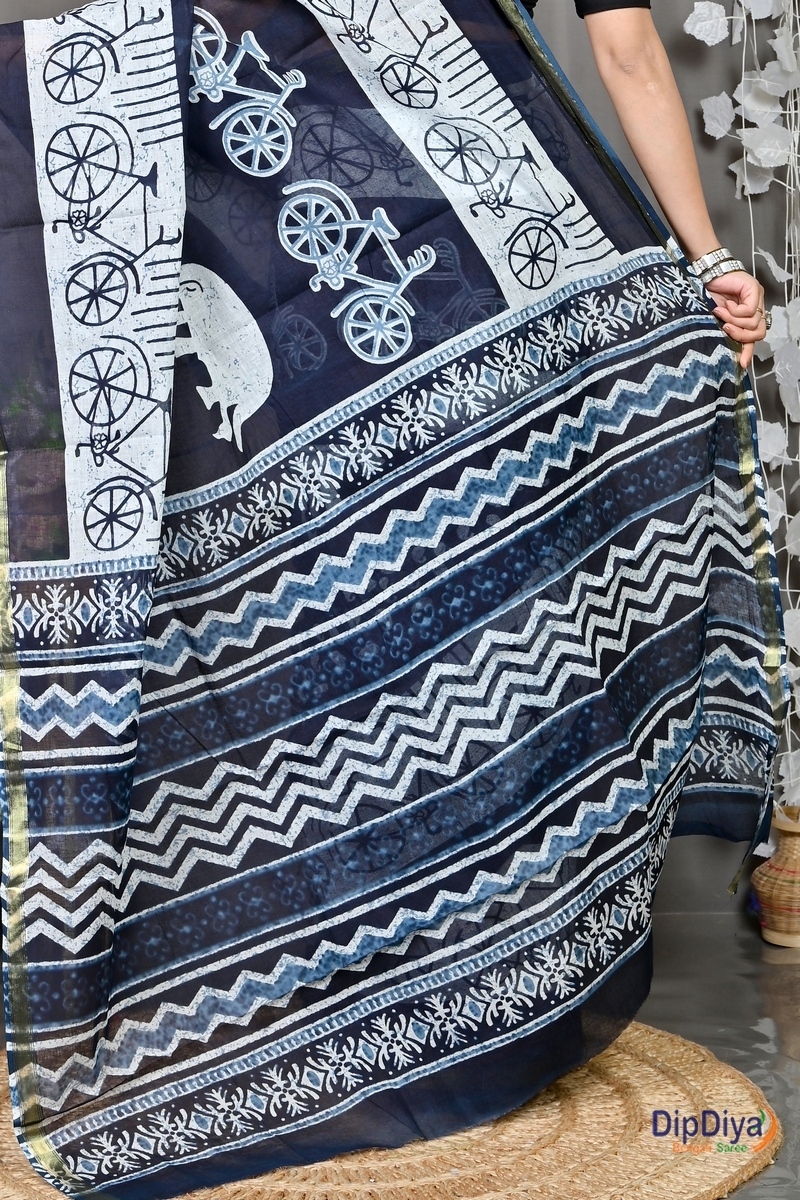 Blue White Cotton Soumava Printed Handloom Saree (589)